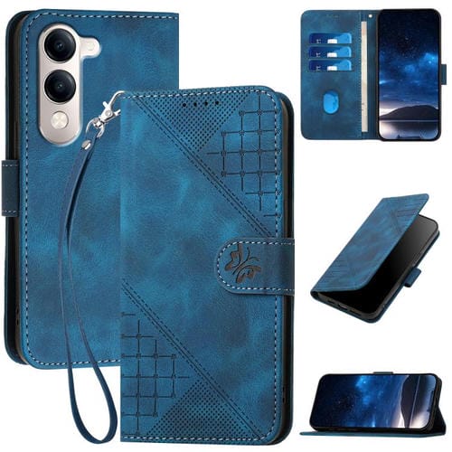 Funda de Cuero con Estampado de Mariposas En Relieve y Cordón para Vivo Y29S 5G / Y04 4G (Azul Oscuro)
