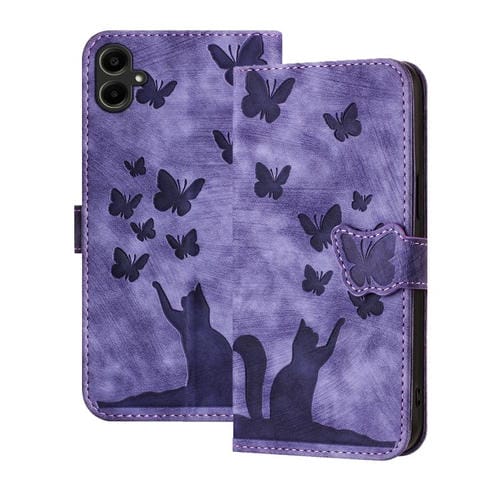 Funda de cuero con tapa y estampado de mariposa y gato para Samsung Galaxy A07 4G / A06 4G (morado)