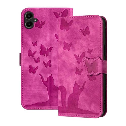 Funda de cuero con tapa y estampado de mariposa y gato para Samsung Galaxy A07 4G / A06 4G (rosa)