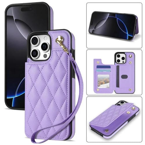 Estuche para Teléfono Rombal iPhone 16 Pro Max Ranuras Tarjetas Hebilla Doble Cordón (Morado)