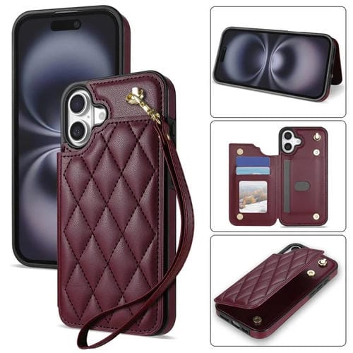 Estuche para Teléfono iPhone 16 Plus con Ranuras para Tarjetas y Hebilla Doble Rombal con Cordón (Rojo Vino)