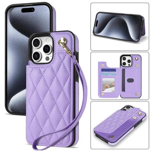 Estuche para Teléfono iPhone 13 Pro con Ranuras para Tarjetas y Hebilla Doble Rombal con Cordón (Morado)
