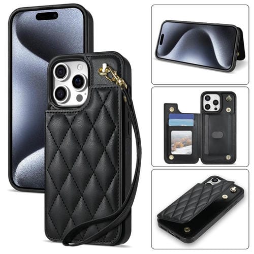 Estuche para Teléfono iPhone 11 Pro Max con Ranuras para Tarjetas y Hebilla Doble Rombal con Cordón (Negro)