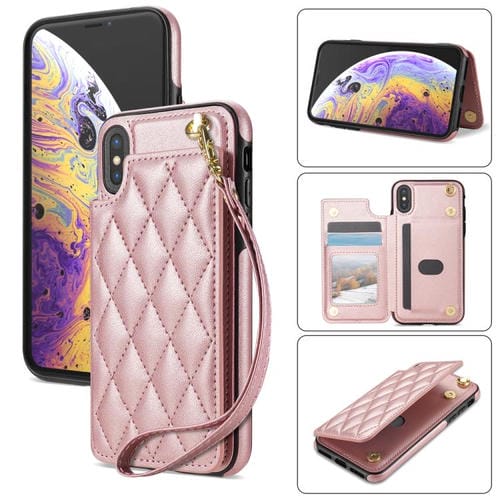 Estuche para Teléfono Rombal iPhone X/Xs Ranuras Tarjetas Hebilla Doble con Cordón (Oro Rosa)