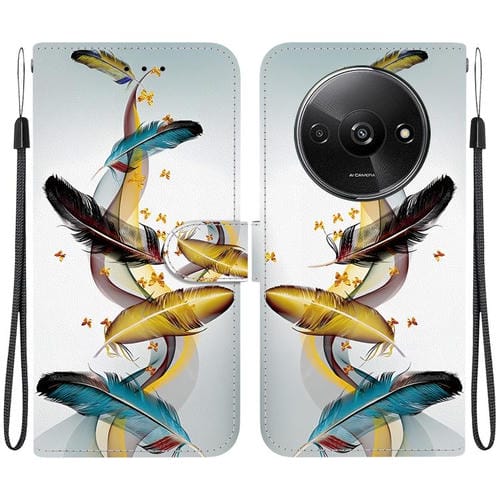 Funda de Cuero con Dibujo de Colores y Textura de Cristal para Redmi A3 (Plumas de Mariposa Doradas)