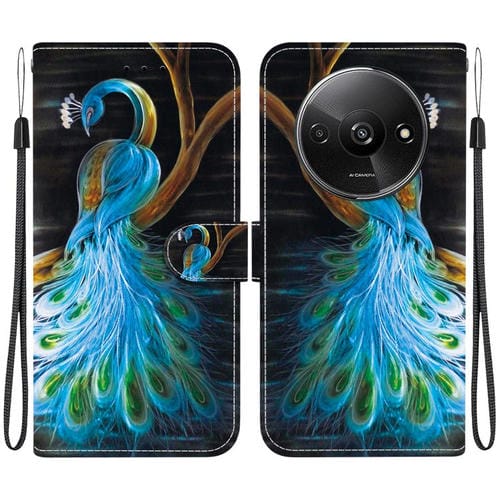 Funda de Cuero con Dibujo de Colores y Textura de Cristal para Redmi A3 (Pavo Real)