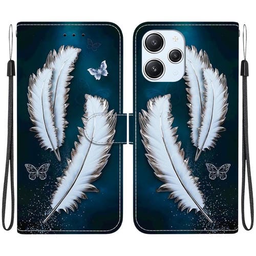 Funda de Cuero con Dibujo de Colores y Textura de Cristal para Redmi 12 4G/5G/Poco M6 Pro (Plumas de Mariposa Blancas)