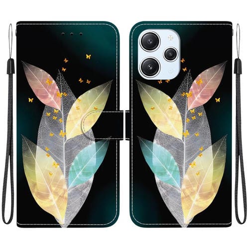 Funda de Cuero con Dibujo de Colores y Textura de Cristal para Redmi 12 4G/5G/Poco M6 Pro (Hojas de Colores)