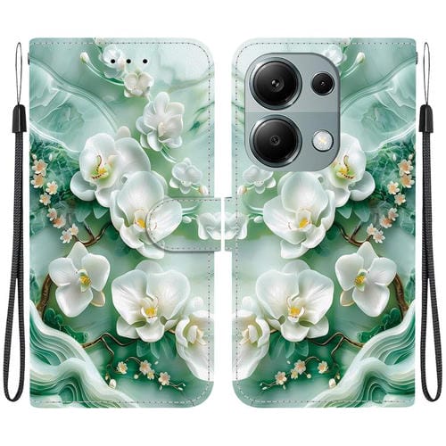 Funda de Cuero con Dibujo de Colores y Textura de Cristal para Redmi Note 13 Pro 4G / Poco M6 Pro (Flores de Jade)