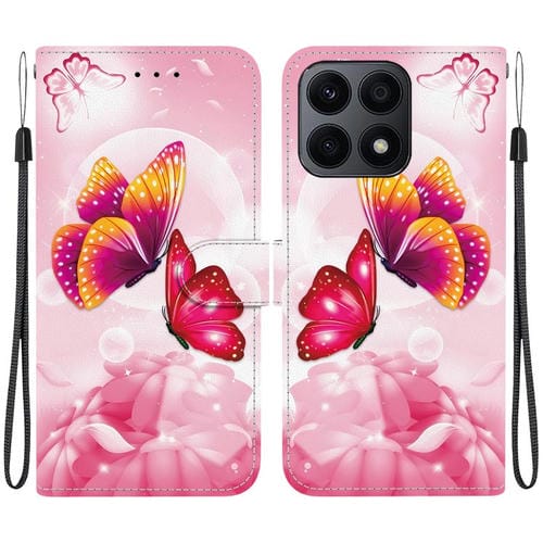 Funda de Cuero para Honor X8A con Dibujo de Colores y Textura de Cristal (Mariposas Rosas)