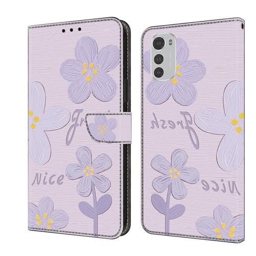 Funda de Cuero Pintada a Mano Motorola Moto E32 con Flores (Morado Oscuro)