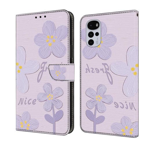 Funda de Cuero Pintada a Mano Motorola Moto G22 con Flores (Morado Oscuro)