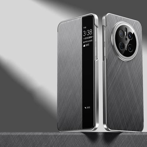 Funda para Teléfono Huawei Mate 70 Smart View Window de Piel Lisa con Pintura para PC (Gris)