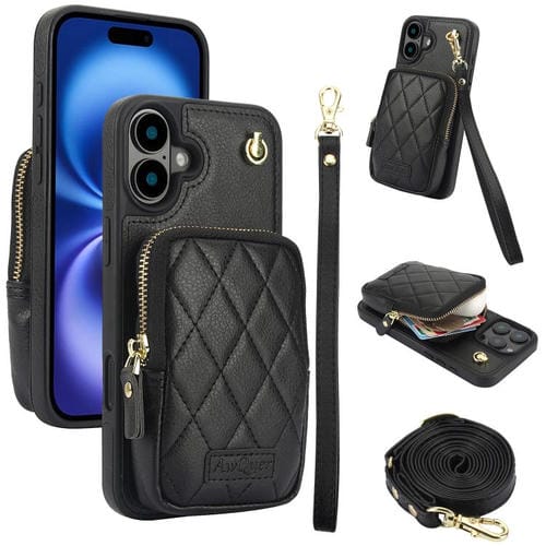 Funda para iPhone 16 Awquer con Cremallera y Bandolera de Piel de Lichi (Negra)