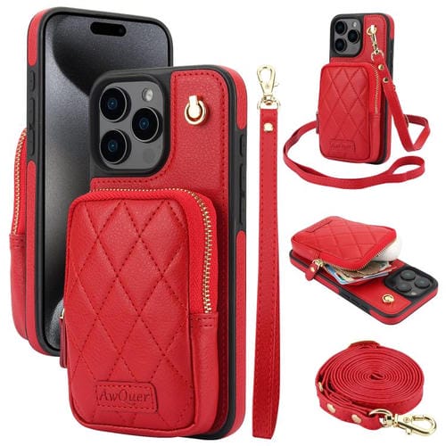 Funda de Teléfono Awquer Crossbody Zipper Wallet Bag para iPhone 15 Pro Cuero de Lichi (Rojo)