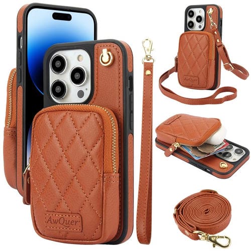 Funda de teléfono Awquer Crossbody Wallet Bag para iPhone 14 Pro Max de cuero de Lichi (Marrón)