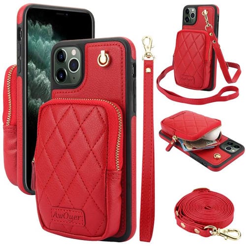 Funda para iPhone 11 Pro Max Awquer Crossbody Zipper Wallet Bag Litchi Leather Phone Case (Rojo)