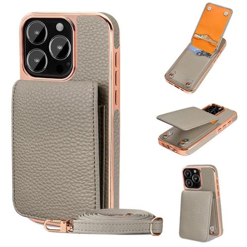 Funda de Teléfono Tipo Billetera Vietao Textura de Lichi Cordón de Pu para iPhone 15 Pro (Gris)