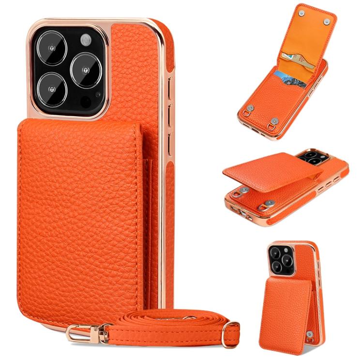 Funda de Teléfono Tipo Billetera Vietao Textura de Lichi Cordón de Pu para iPhone 16 Pro Max (Naranja)