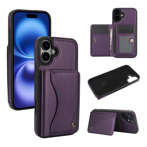 Funda para iPhone 16 Plus Awquer Cuero con Tapa Horizontal para Tarjetas y Soporte (Morado Oscuro)