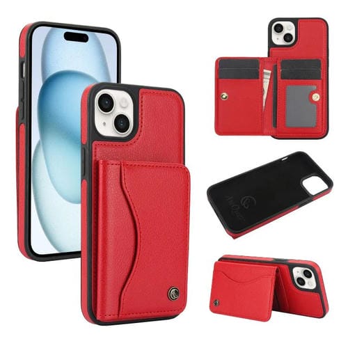 Funda de Cuero Awquer para iPhone 15 Plus con Tapa Horizontal para Tarjetas y Soporte (Rojo)