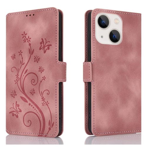 Funda de Cuero para iPhone 14 Plus con Relieve de Mariposa y Flor de Amor (Oro Rosa)