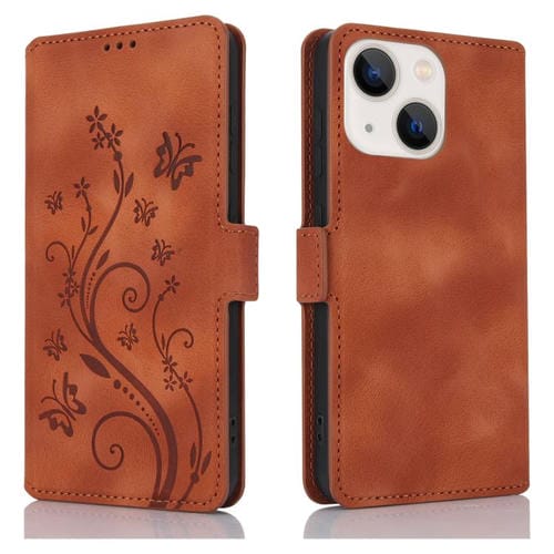 Funda de Cuero iPhone 14 Plus Relieve Mariposa y Flor de Amor (Marrón)