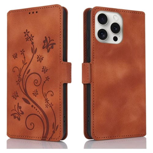 Funda de Cuero iPhone 14 Pro Relieve Mariposa y Flor Amor Ensueño (Marrón)