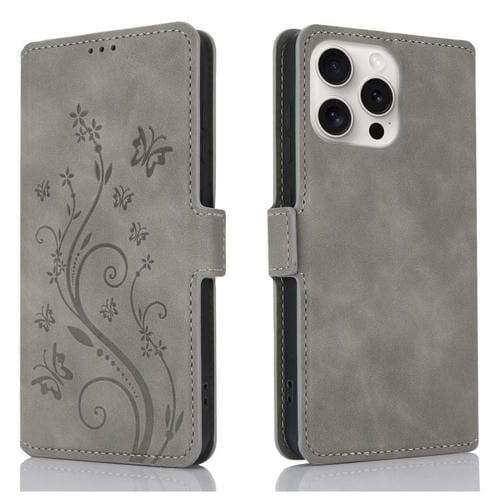 Funda de Cuero con Relieve Mariposa y Flor para iPhone 12/12 Pro (Gris)