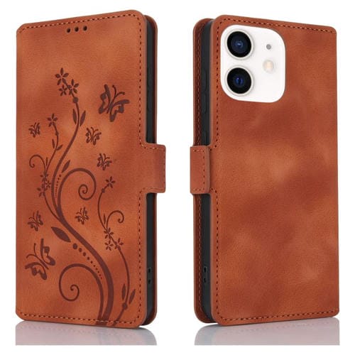 Funda de Cuero iPhone 12 Mini Relieve Mariposa y Flor de Amor (Marrón)
