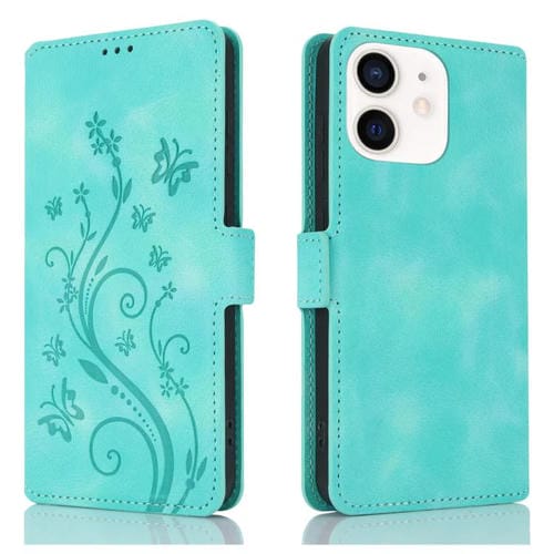 Funda de Cuero iPhone 11 con Relieve de Mariposa y Flor de Amor (Verde)