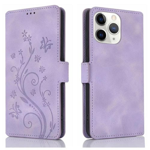 Funda de Cuero iPhone 11 Pro Relieve Mariposa y Flor Amor de Ensueño (Morado)