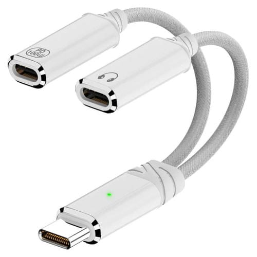 Adaptador Auriculares Hembra Tipo C 2 en 1 a Tipo C Macho PD 100 W Carga y Audio (Blanco)