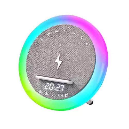 Reloj Despertador S302 con Cargador Inalámbrico 15 W Luz Led Altavoz Bluetooth (Blanco)