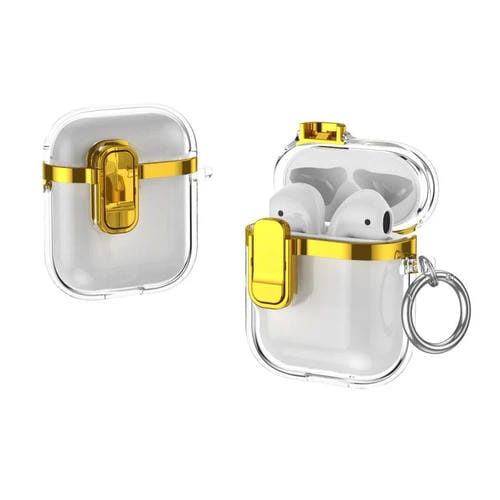 Estuche para Auriculares Inalámbricos Airpods 1 y 2 Galvanoplastia Transparente Cierre de Seguridad (Dorado)