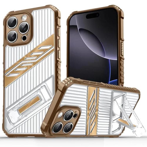 Funda híbrida TPU y Policarbonato con Soporte Chapado para iPhone 16 Pro Max (Dorado del Desierto)