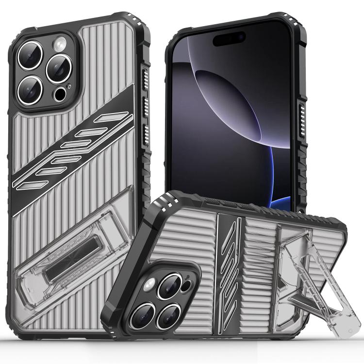 Funda hĂbrida TPU y Policarbonato con soporte para iPhone 16 Pro Max (Gris y Negro)