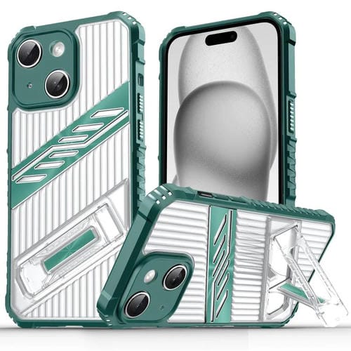 Funda híbrida TPU para iPhone 15 Plus con soporte para PC (Verde Oscuro)