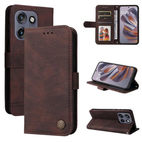 Funda de Cuero con Botones de Metal y Diseño Árbol de la Vida para Motorola Edge 50 Neo/Thinkphone 25 (Marrón)