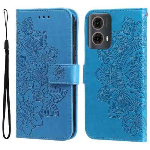 Funda de Cuero con Relieve de Flores de Siete Pétalos para Motorola Moto G85/S50 Neo (Azul)