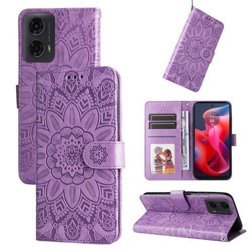 Funda de Piel Motorola Moto G04/G04S/G24/E14 con Diseño de Girasol En Relieve (Morado)
