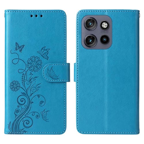 Funda de Cuero con Diseño de Flores y Mariposa en Relieve para Motorola Edge 50 Neo/Thinkphone 25 (Azul)