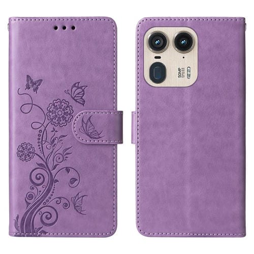 Funda de Cuero Motorola Edge 50 Ultra/X50 Ultra Diseño Mariposas y Flores en Relieve (Morado)