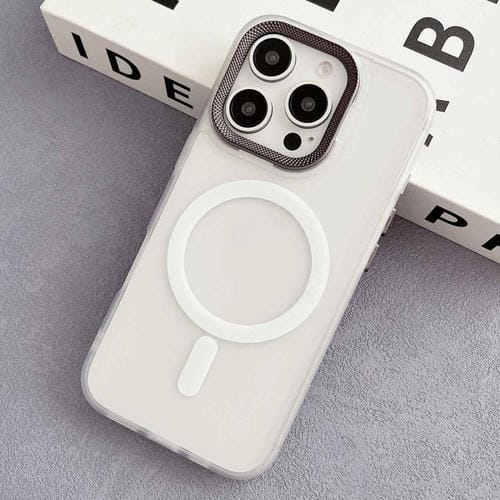 Funda híbrida TPU PC con marco de Lente de diamante para iPhone 16 Pro Magsafe (Blanca)