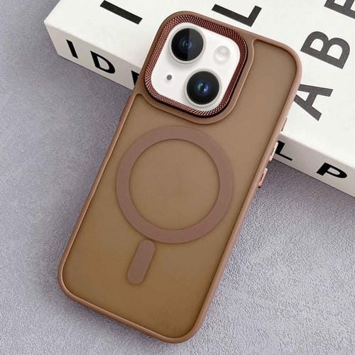 Estuche Híbrido TPU y PC con Marco de Lente de Diamante Magsafe para iPhone 15 (Dorado del Desierto)