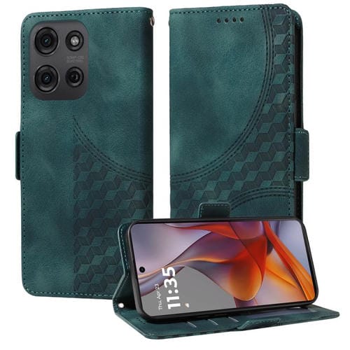 Funda de Cuero Motorola Moto G75 5G con Diseño de Rombos y Estrellas en Relieve (Verde)