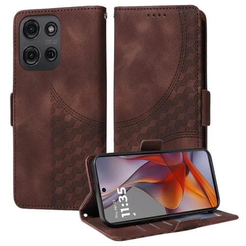 Funda de Cuero Motorola Moto G75 5G con Diseño de Rombos y Estrellas en Relieve (Marrón)