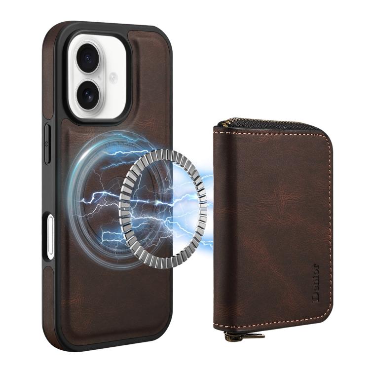 Funda de Cuero con Cremallera Magsafe para iPhone 16 Denior D26 Skin Feel (Café)
