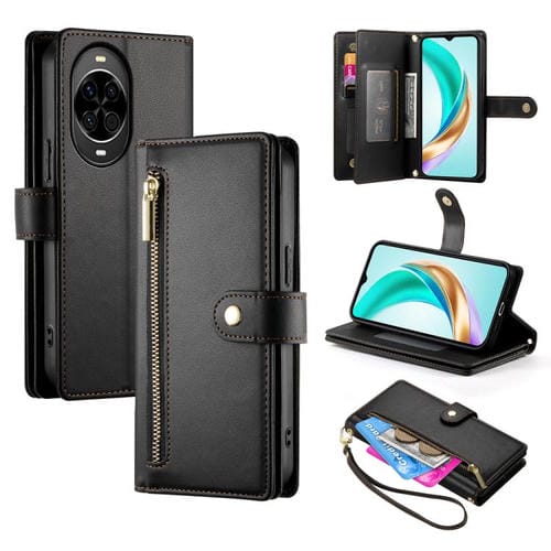 Funda de cuero con cremallera y ranuras para tarjetas para Huawei Nova 14 (negro)
