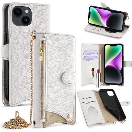 Funda de Piel de Lichi para iPhone 14 Plus Diseño Cola de Pez y Cadena Cruzada (Blanca)
